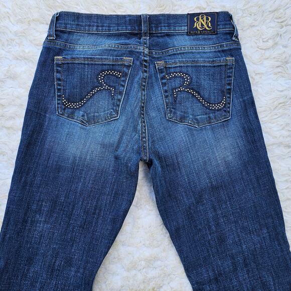 Studded Logo Bootcut Jeans Rock Republic Kasandra Size 10 Dark Stretch Denim - Picture 1 of 10